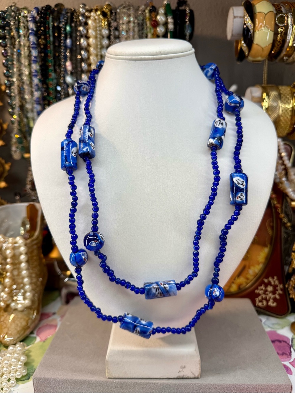 Artisan! Cobalt blue Glass Bead 40”Strand with Faces Beads Necklace